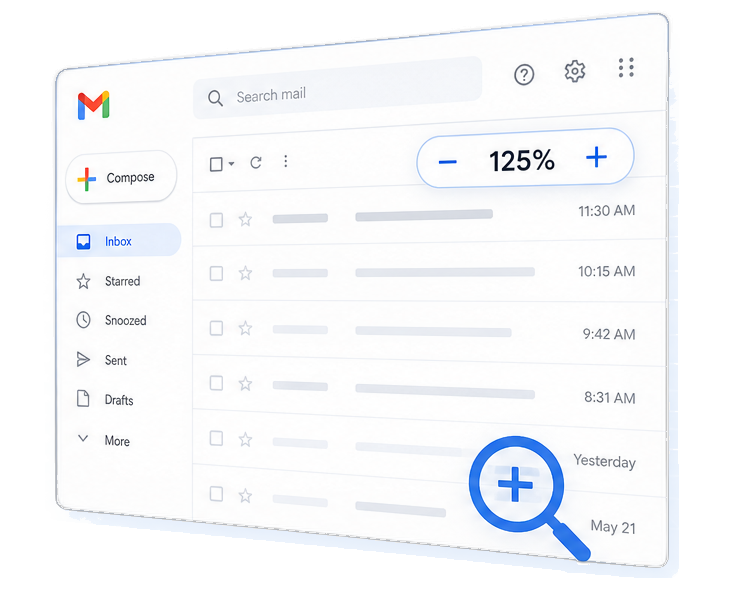 Gmail Zoom — transparent hero showing inbox zoom controls