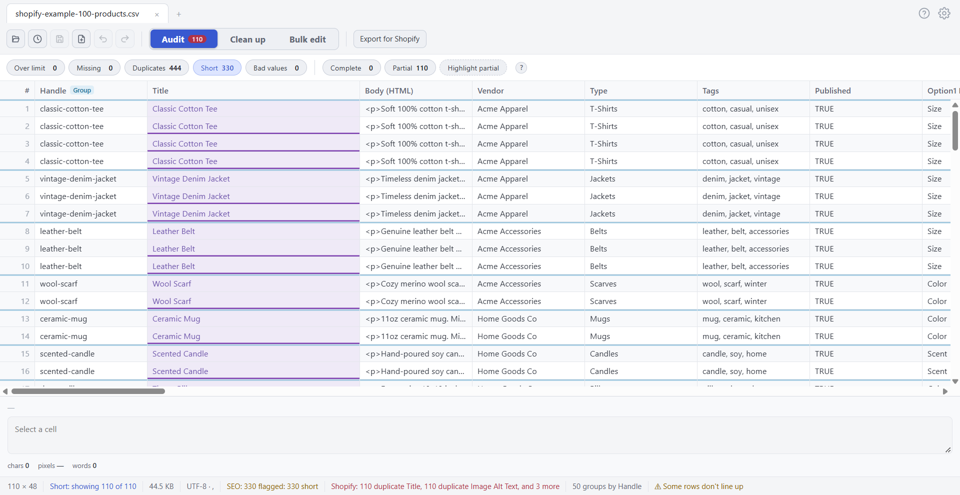 The Speedy CSV window: toolbar, tabs, grid, edit box and status bar