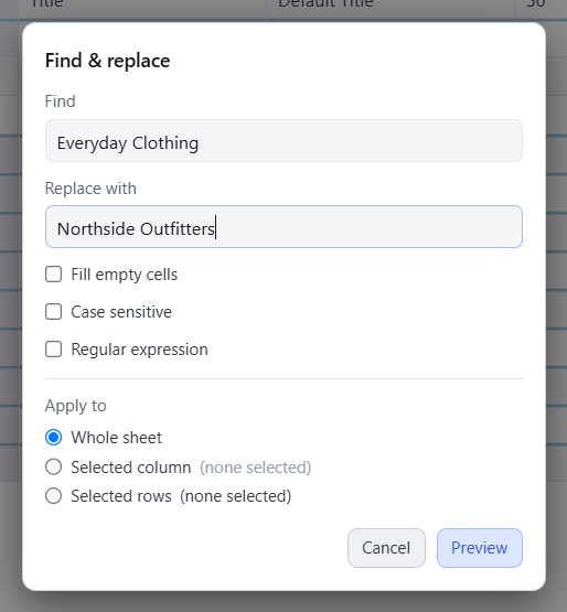 The Find & replace window in Bulk edit.