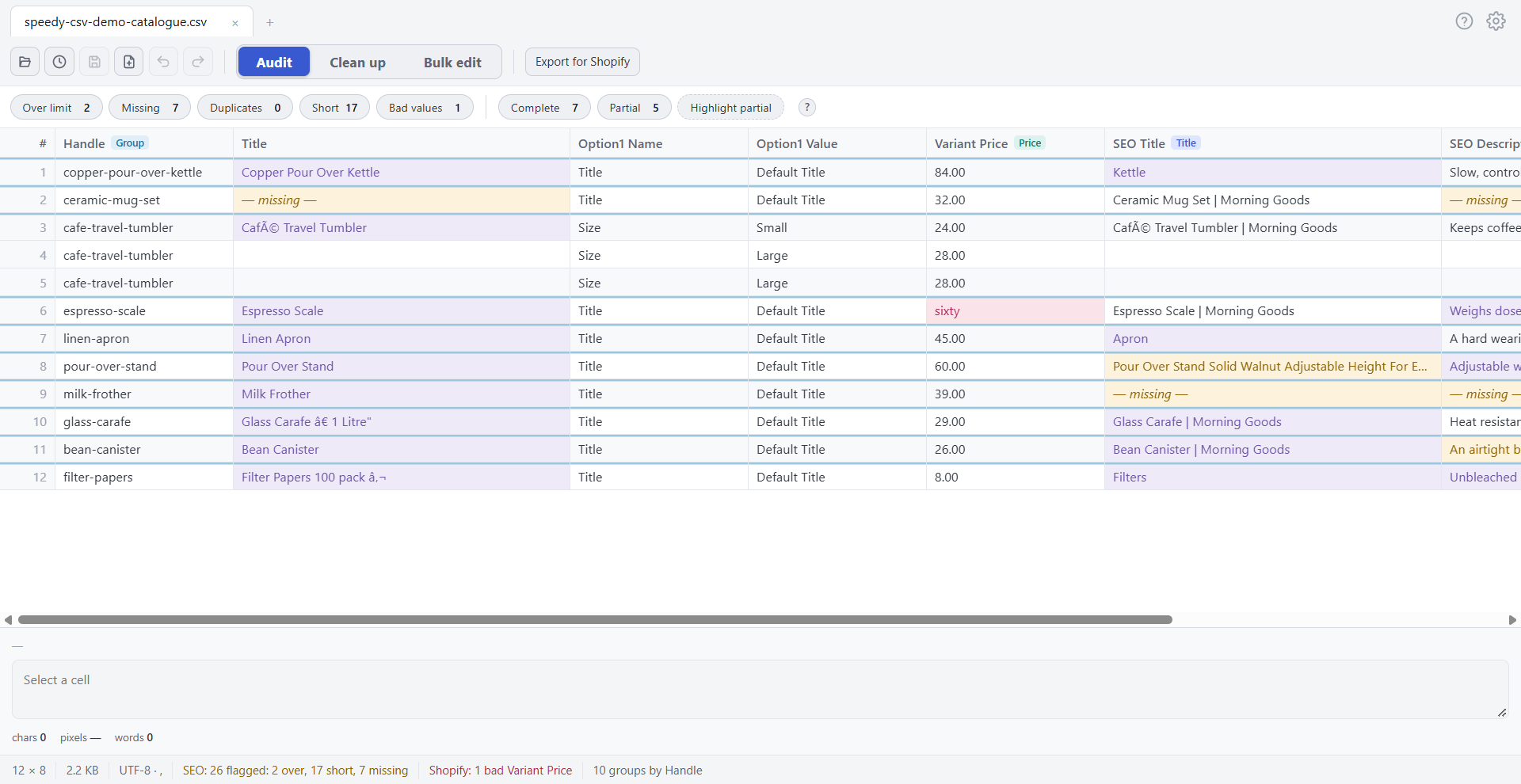 Speedy CSV in light theme: purple short titles, amber missing and over-long SEO text, a pink bad price and the bottom bar summary.