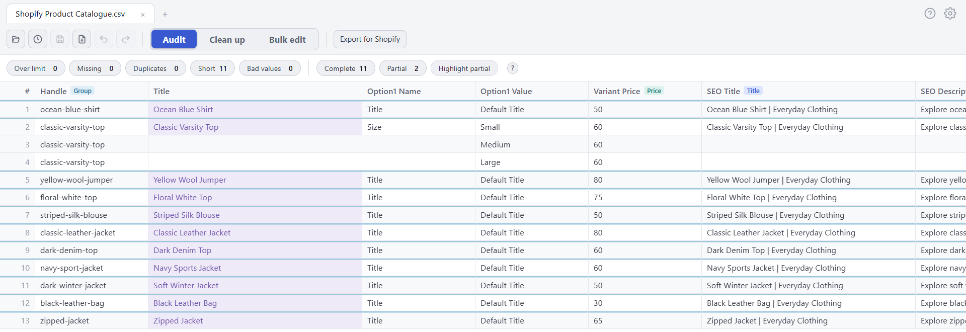 Classic Varsity Top with Small, Medium and Large variants grouped together in Speedy CSV.