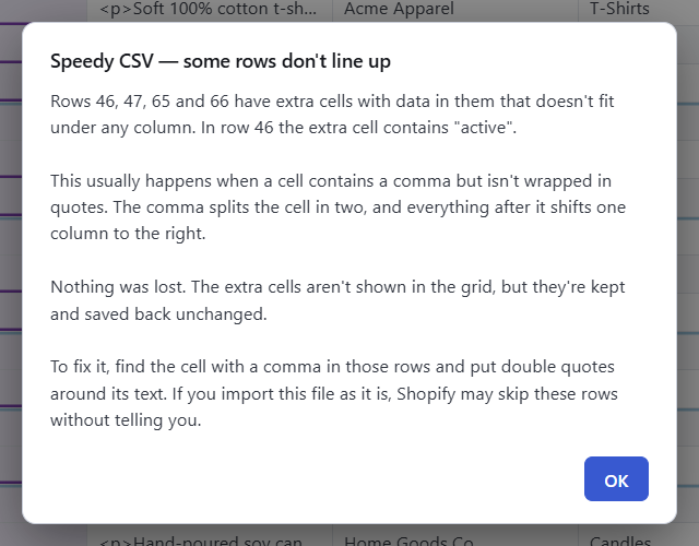 Speedy CSV message: some rows don't line up, with the cause, what is safe and how to fix it.