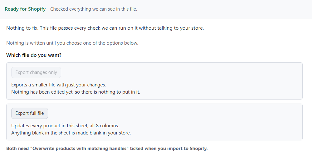 Speedy CSV export screen with file checks completed and choices for changes-only or full-file export.