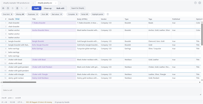 Speedy CSV showing a Shopify product file, with every column in a clear grid