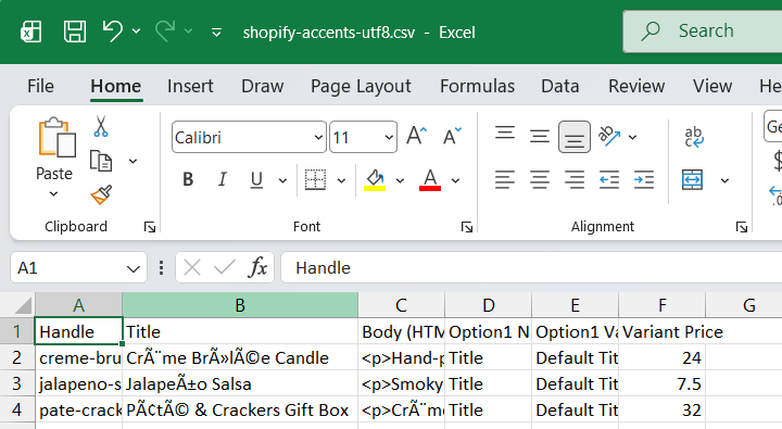 Excel showing product titles as Crème Brûlée Candle, Jalapeño Salsa and Pâté & Crackers Gift Box