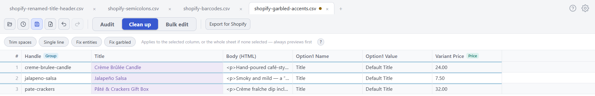 The repaired file in Speedy CSV showing Crème Brûlée Candle, Jalapeño Salsa and Pâté & Crackers Gift Box
