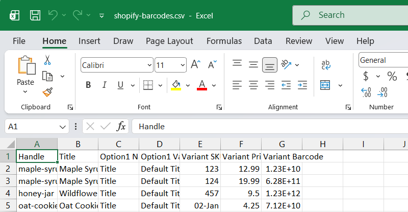 Excel showing SKUs without leading zeros, a SKU turned into the date 02-Jan, and barcodes shown as 1.23E+10