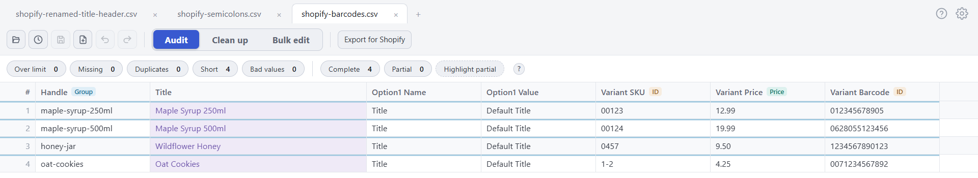 The same file in Speedy CSV, with SKUs 00123 and 0457 and full barcodes such as 012345678905 shown exactly as typed