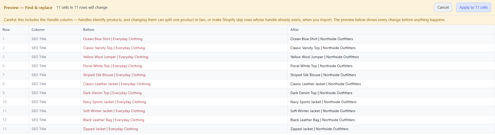 Find and replace preview changing “Everyday Clothing” to “Northside Outfitters” in 11 SEO titles, with Cancel and Apply controls.