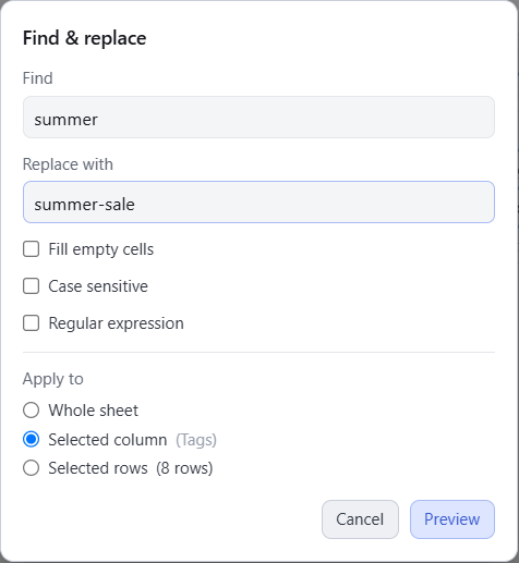Speedy CSV Find and replace box: find summer, replace with summer-sale, apply to the selected column (Tags)