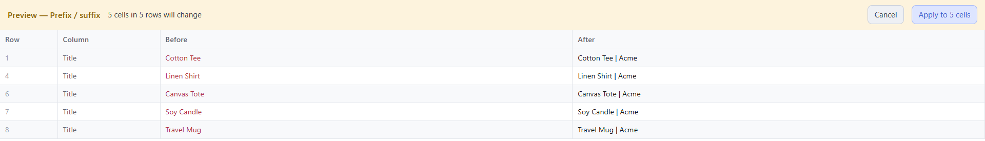 Speedy CSV preview: 5 cells in 5 rows will change, adding " | Acme" to the end of each product title. The variant rows in between are skipped
