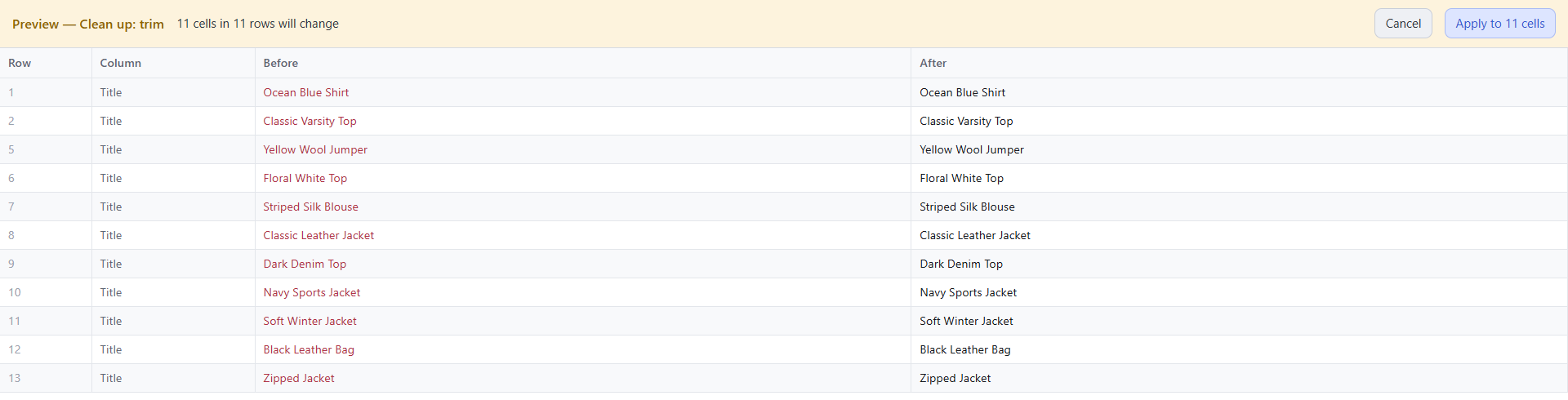 Trim spaces preview showing original product titles beside cleaned titles, with Cancel and Apply controls.