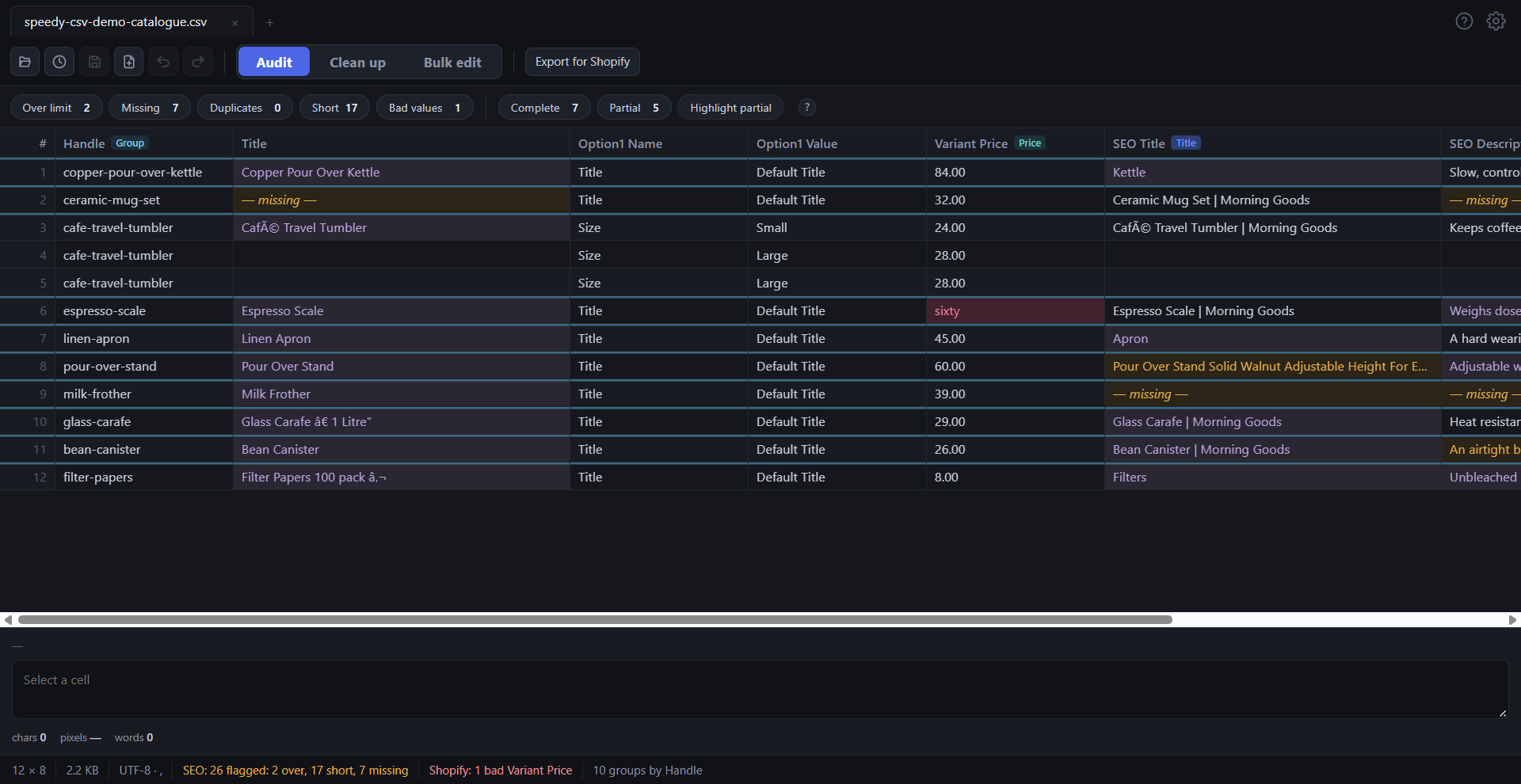 The same catalogue in dark theme, with the same colour meanings.