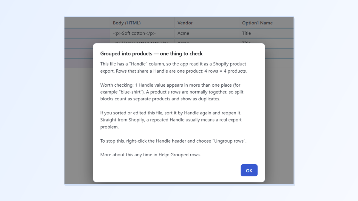 Shopify CSV “Ignored Line … Because Handle Already Exists”? Find and Fix Duplicate Handles With Speedy CSV