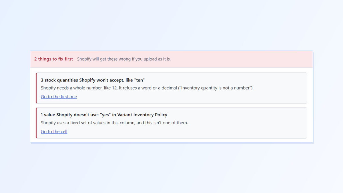 Shopify CSV “Inventory Quantity Is Not a Number” or “Can’t Be Blank”? Catch Bad Stock Values With Speedy CSV