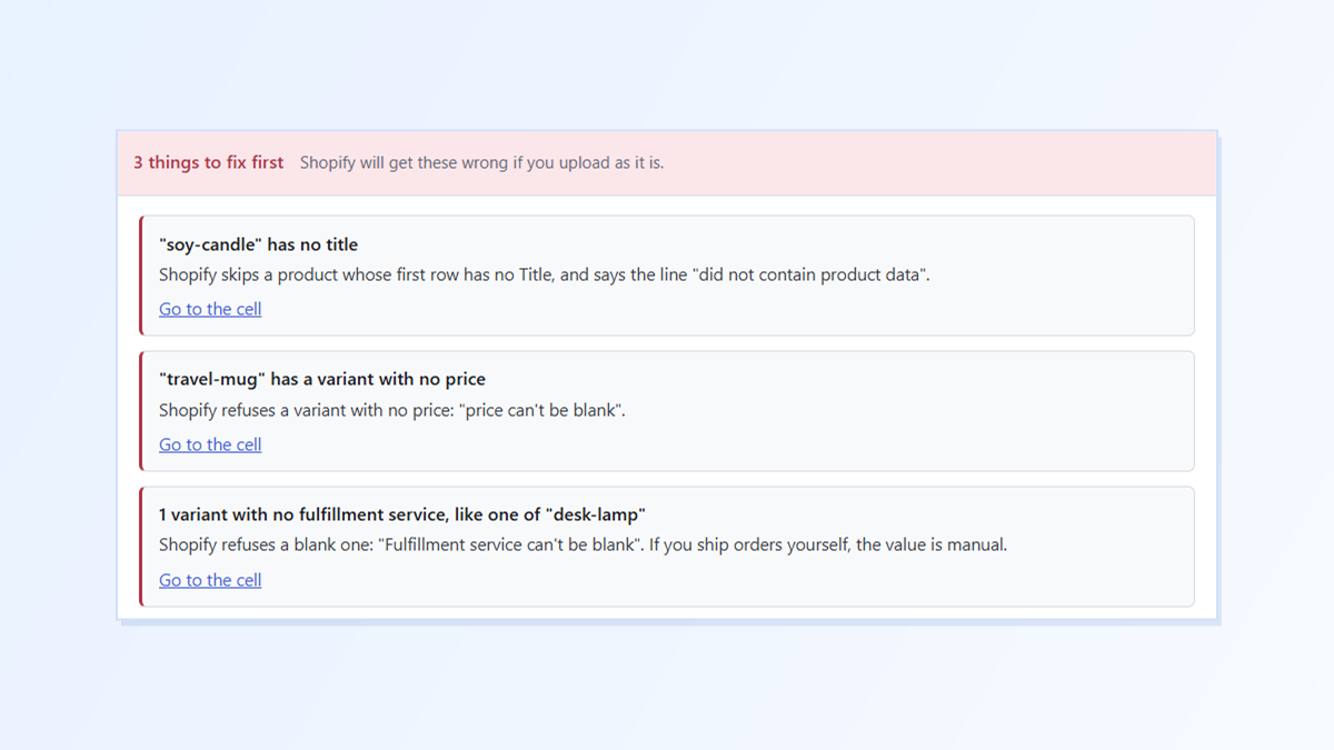Shopify CSV Import Errors “Price Can’t Be Blank” or “Did Not Contain Product Data”? Find the Blank Cells First With Speedy CSV