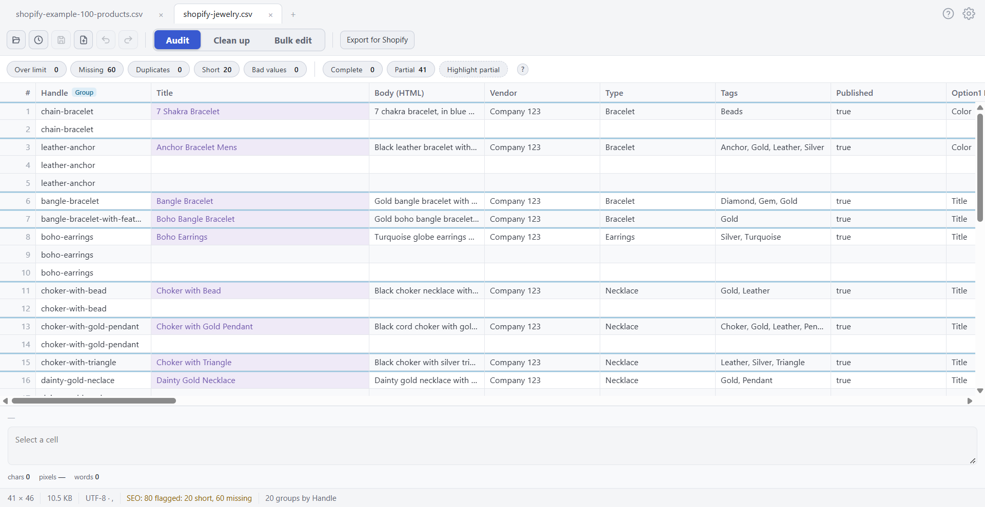 Speedy CSV showing Shopify’s sample jewelry catalogue, with each product’s variant rows grouped together.