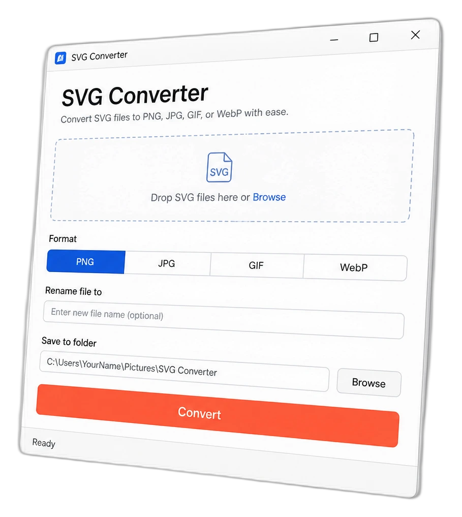 SVG Converter Windows app — drop zone, format picker, and convert controls
