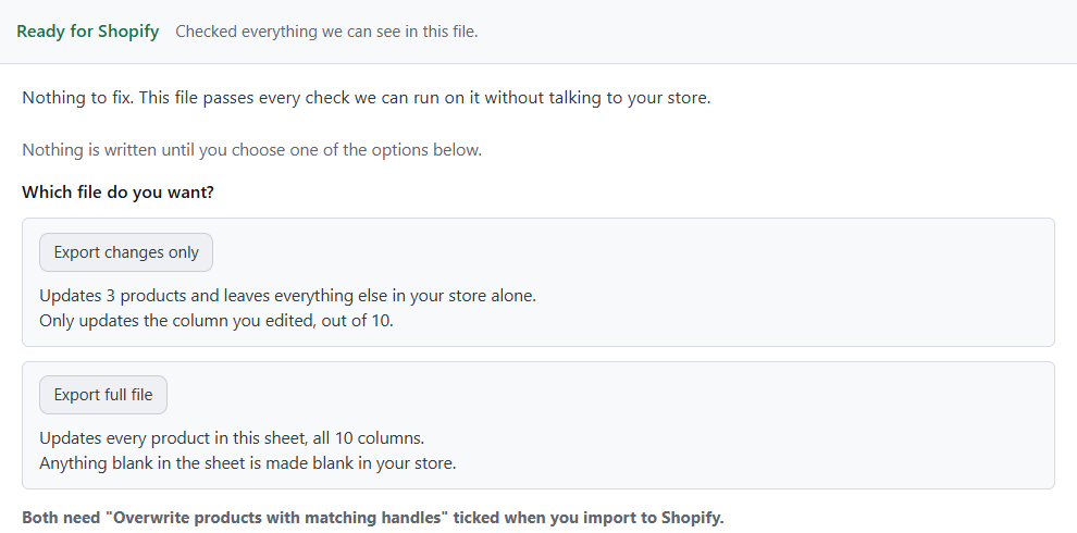 Speedy CSV export screen: Ready for Shopify. Export changes only updates 3 products and only the column you edited, out of 10.