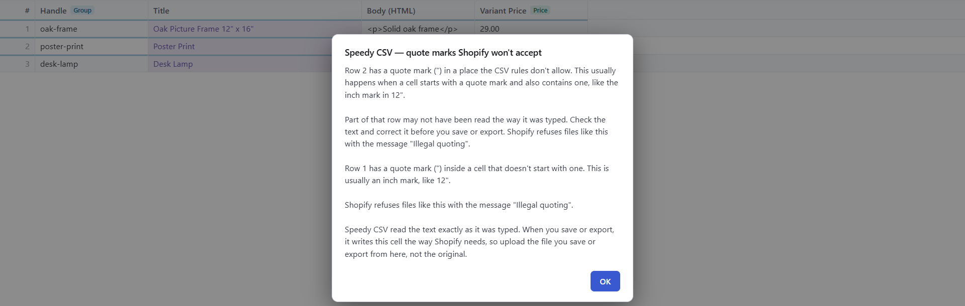 Speedy CSV message: quote marks Shopify won't accept. Row 2 has a quote mark in a place the CSV rules don't allow. Row 1 has a quote mark inside a cell that doesn't start with one, usually an inch mark like 12"