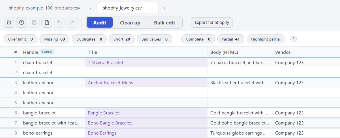 Speedy CSV showing a Shopify product file, with each product's variant rows grouped together