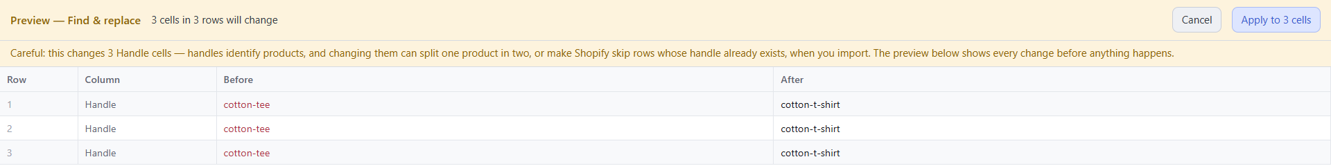 Speedy CSV preview: 3 cells in 3 rows will change. Careful: this changes 3 Handle cells. Handles identify products, and changing them can split one product in two, or make Shopify skip rows whose handle already exists, when you import