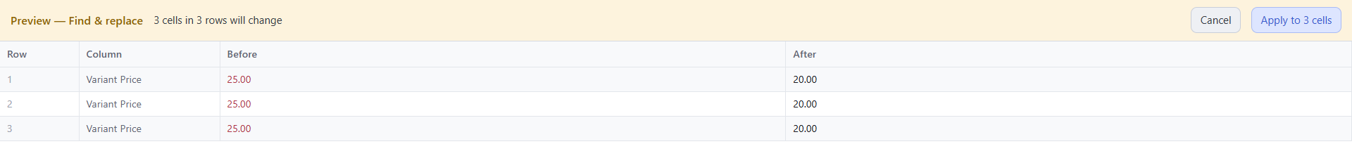 Speedy CSV preview: Find and replace 25.00 with 20.00 in the Variant Price column. 3 cells in 3 rows will change: rows 1, 2 and 3