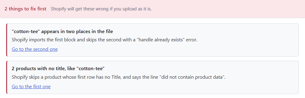 Speedy CSV check: 2 things to fix first. "cotton-tee" appears in two places in the file: Shopify imports the first block and skips the second. 2 products with no title: Shopify skips a product whose first row has no Title
