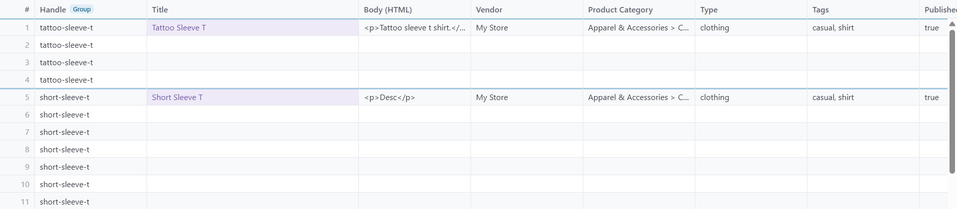 Speedy CSV with a store's product export open, grouped by Handle into two products