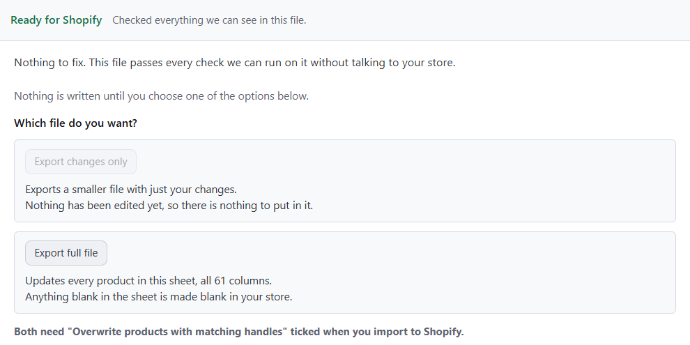 Speedy CSV: Ready for Shopify. Nothing to fix. This file passes every check we can run on it without talking to your store